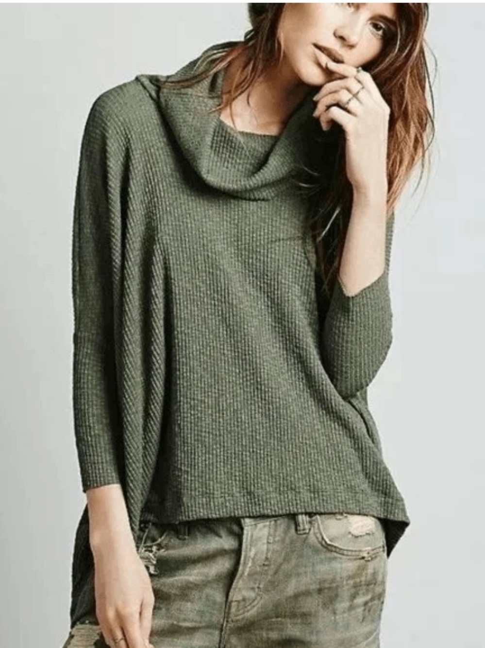 Free People Beach heather Sage Olive Green Cowl Neck oversized slit Sweater